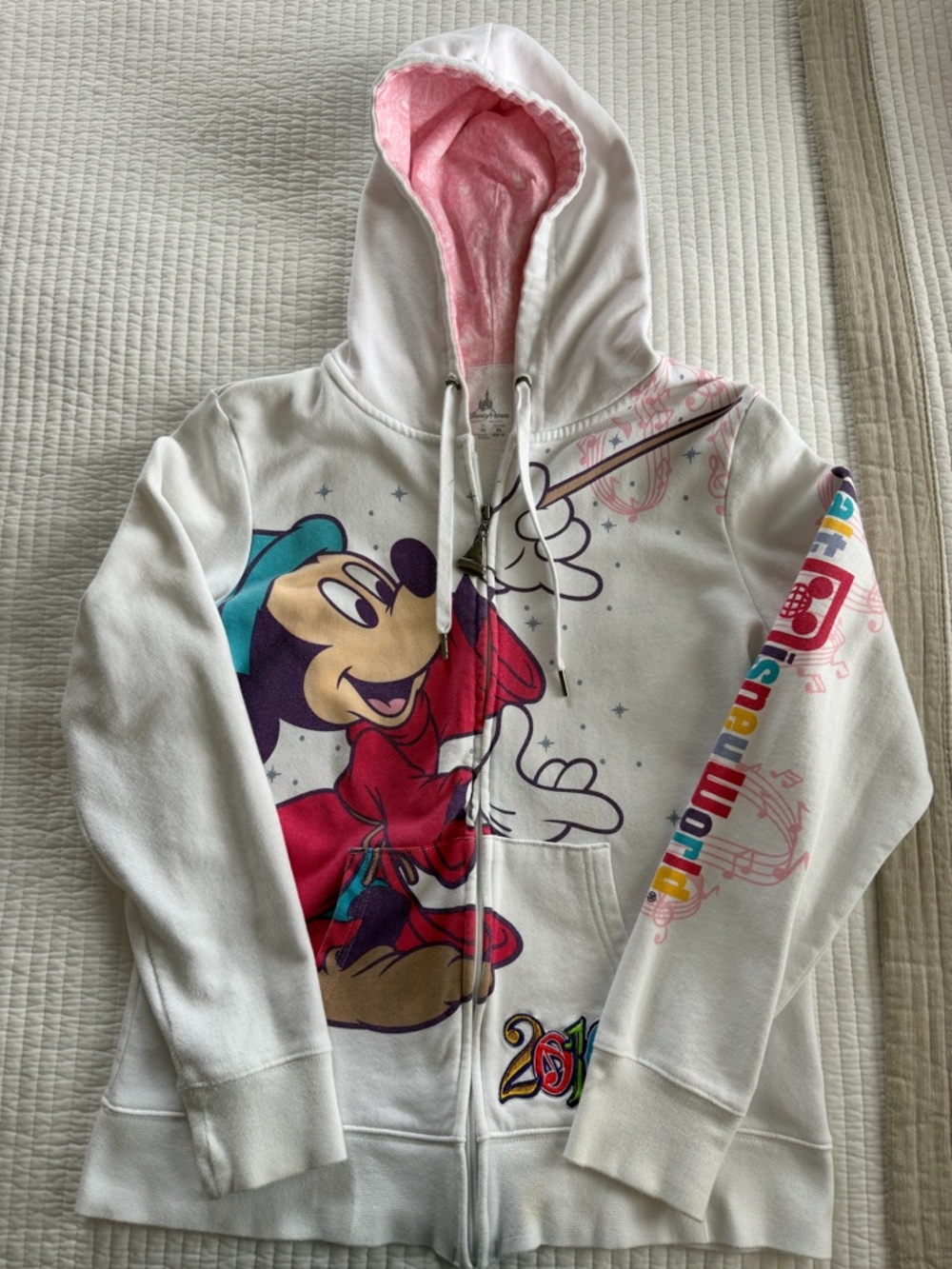 Disney White Zip Hoodie with Pink Hood Lining & Colorful Sorcerer Mickey